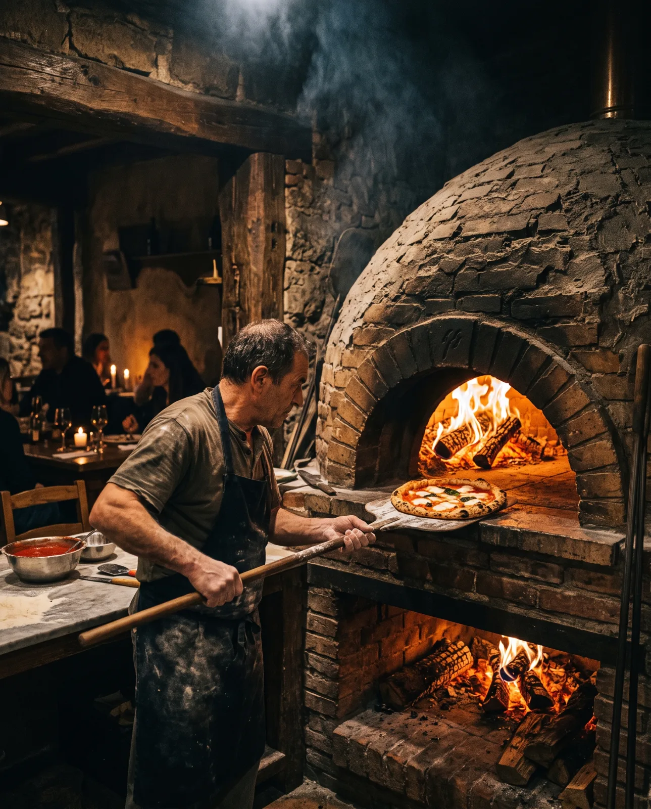 Il forno a legna di Le Lanterne: fiamma viva e pizza napoletana infornata dal pizzaiolo