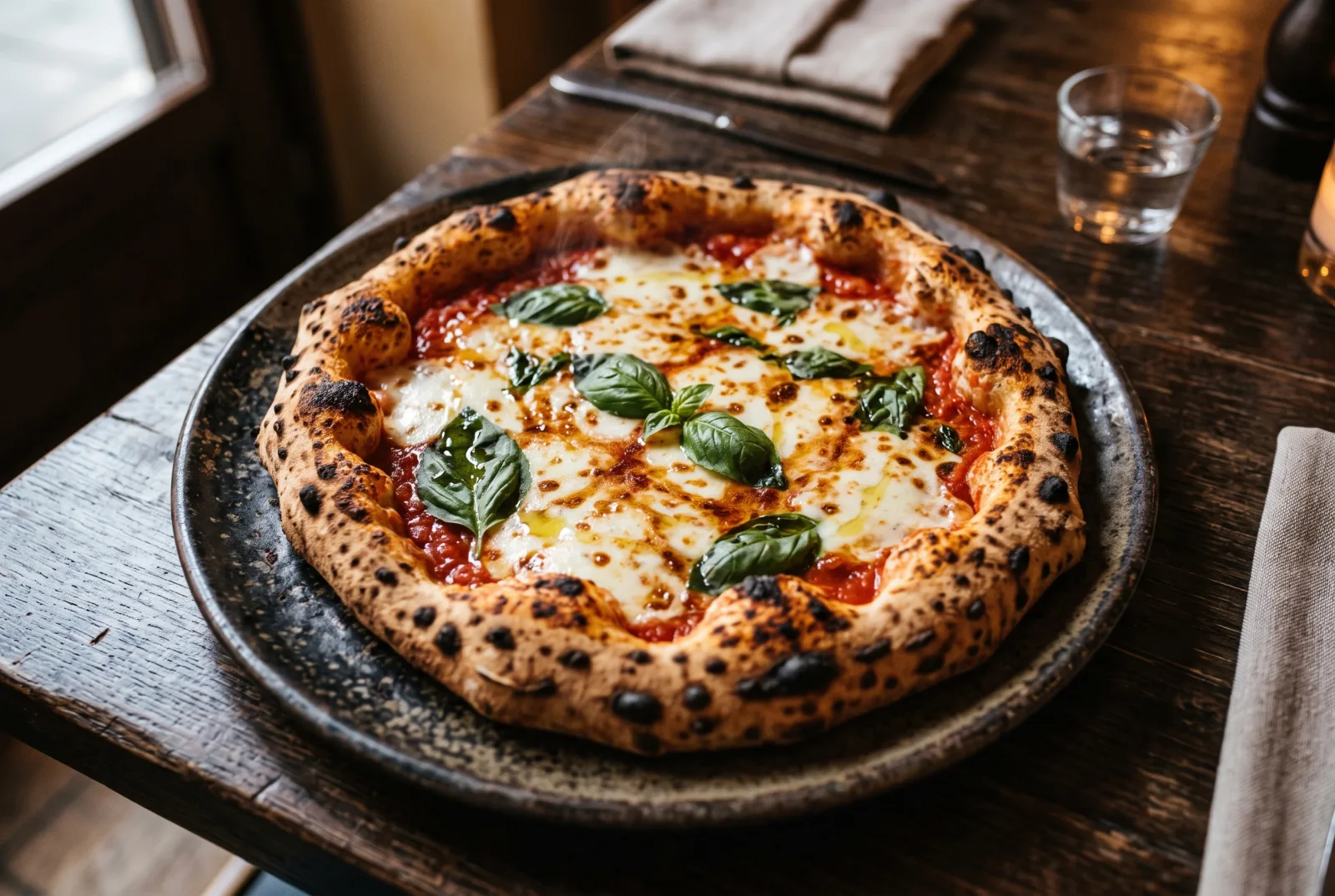 Pizza Margherita con bufala Le Lanterne: cornicione alto e alveolato, pomodoro San Marzano, mozzarella di bufala, basilico e olio d'oliva