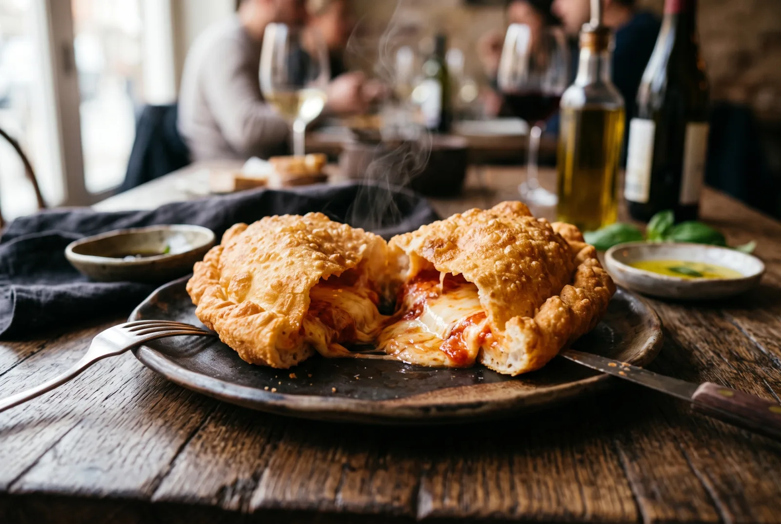 Pizza fritta Le Lanterne: guscio dorato e croccante, cuore di ricotta, provola e pomodoro