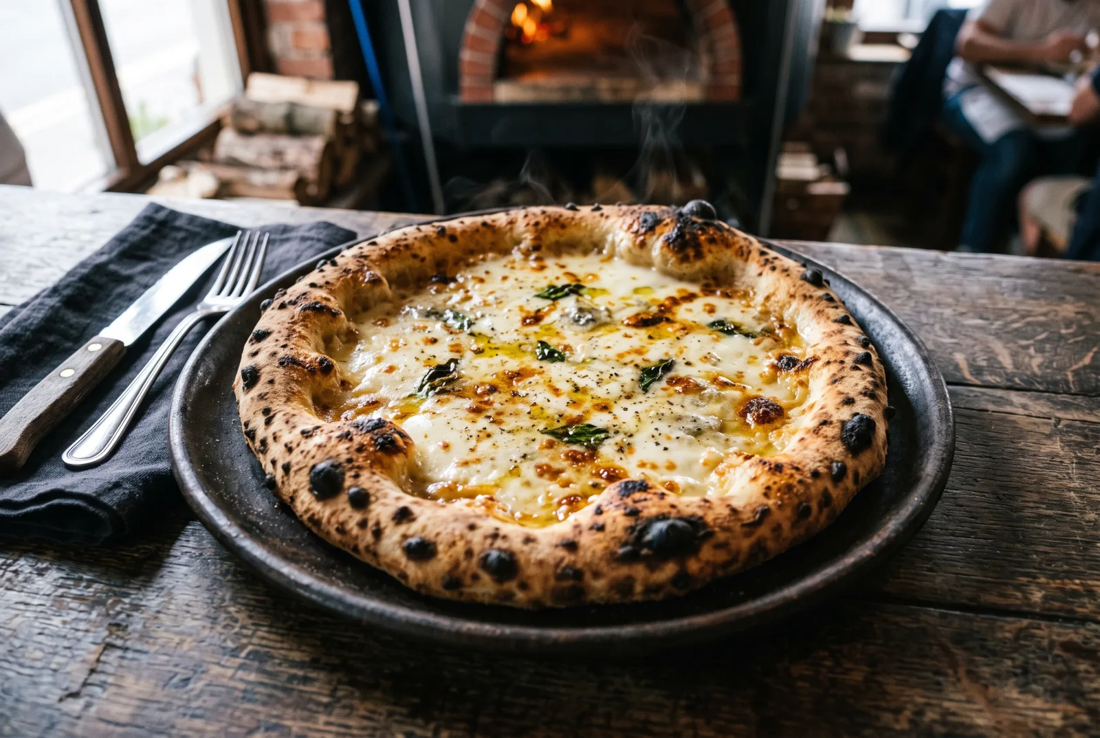 Pizza 4 Formaggi Le Lanterne cotta nel forno a legna, superficie filante e cornicione leopardato